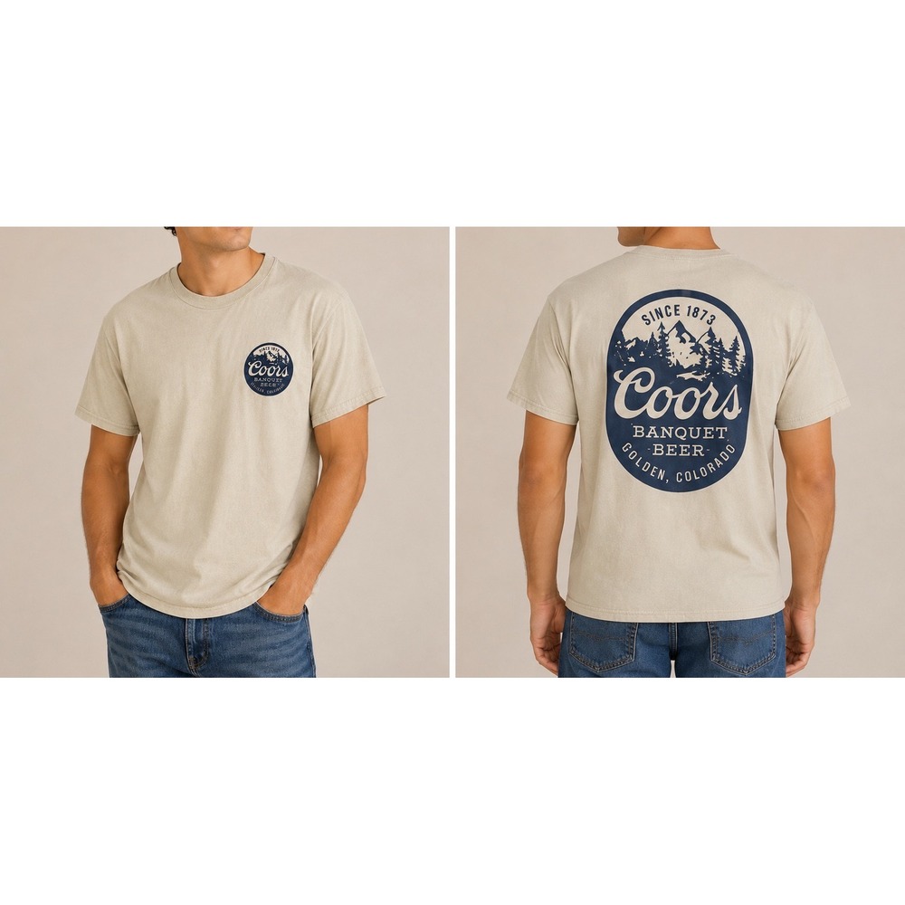 Coors Banquet Beer Graphic T-Shirt Mens Large Tan Short Sleeve‎ Cotton